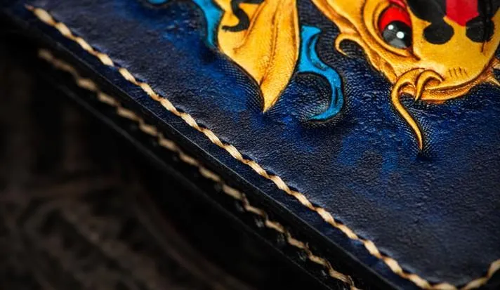 Handmade Leather Carp Tooled Mens Small Wallet Cool Leather Wallet billfold Wallet for Men