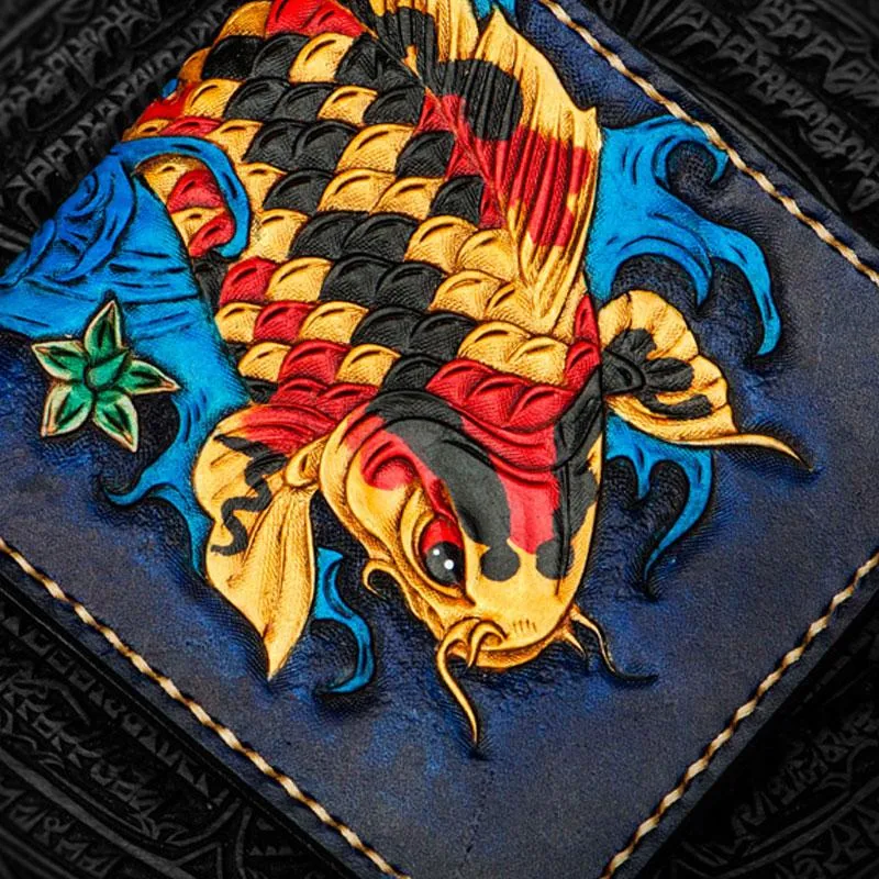 Handmade Leather Carp Tooled Mens Small Wallet Cool Leather Wallet billfold Wallet for Men