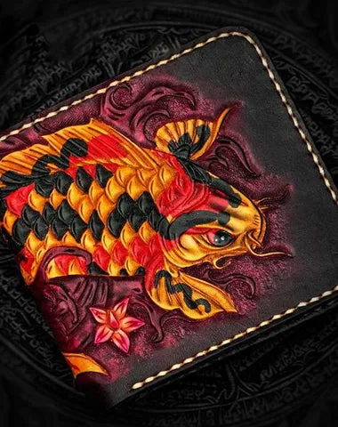 Handmade Leather Carp Tooled Mens Small Wallet Cool Leather Wallet billfold Wallet for Men