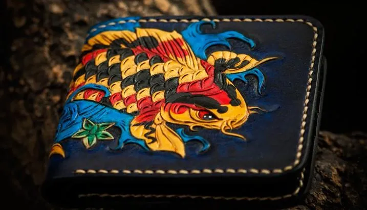 Handmade Leather Carp Tooled Mens Small Wallet Cool Leather Wallet billfold Wallet for Men