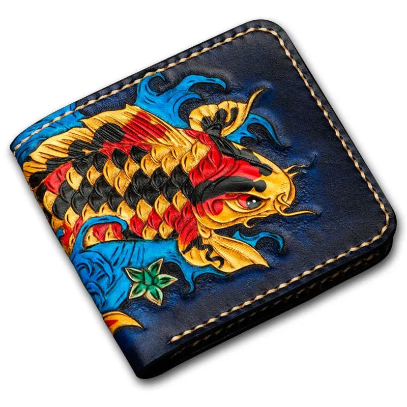 Handmade Leather Carp Tooled Mens Small Wallet Cool Leather Wallet billfold Wallet for Men