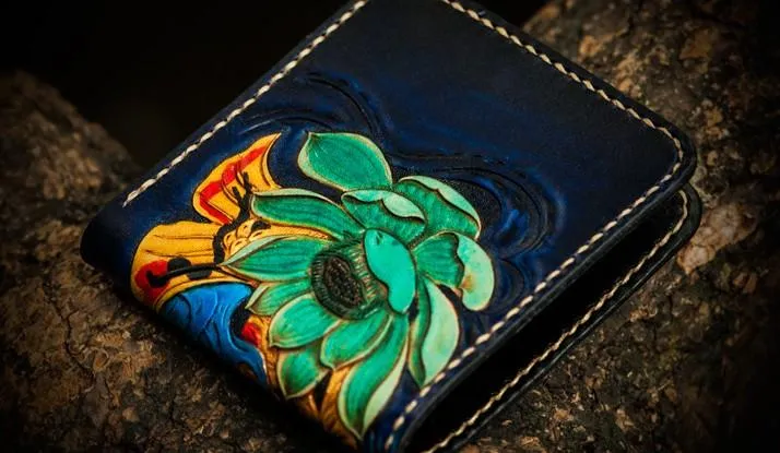 Handmade Leather Carp Tooled Mens Small Wallet Cool Leather Wallet billfold Wallet for Men