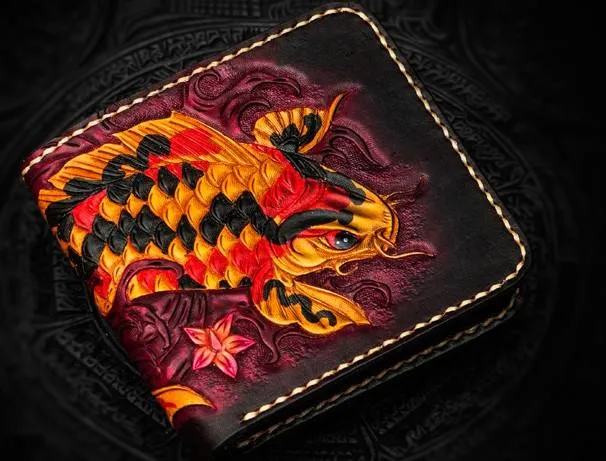 Handmade Leather Carp Tooled Mens Small Wallet Cool Leather Wallet billfold Wallet for Men