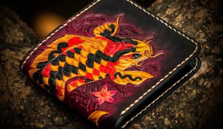 Handmade Leather Carp Tooled Mens Small Wallet Cool Leather Wallet billfold Wallet for Men