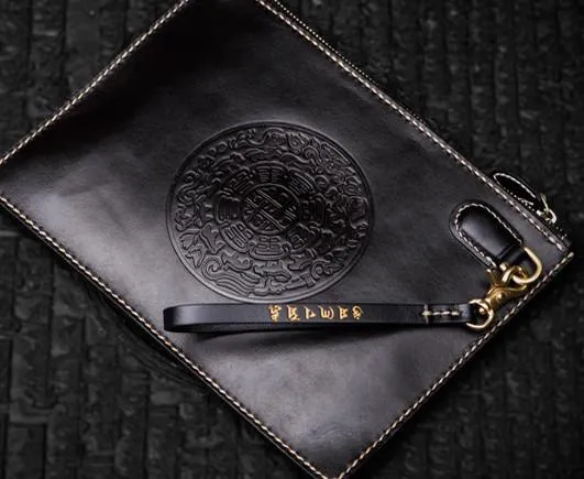 Handmade Leather Carp Tooled Wristlet Bags Mens Cool Leather Wallet Long Clutch for Men