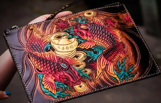 Handmade Leather Carp Tooled Wristlet Bags Mens Cool Leather Wallet Long Clutch for Men