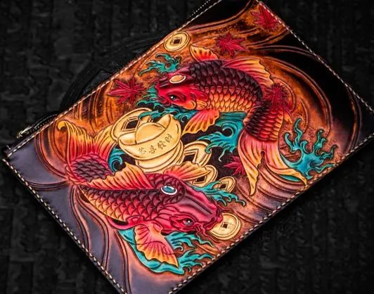 Handmade Leather Carp Tooled Wristlet Bags Mens Cool Leather Wallet Long Clutch for Men