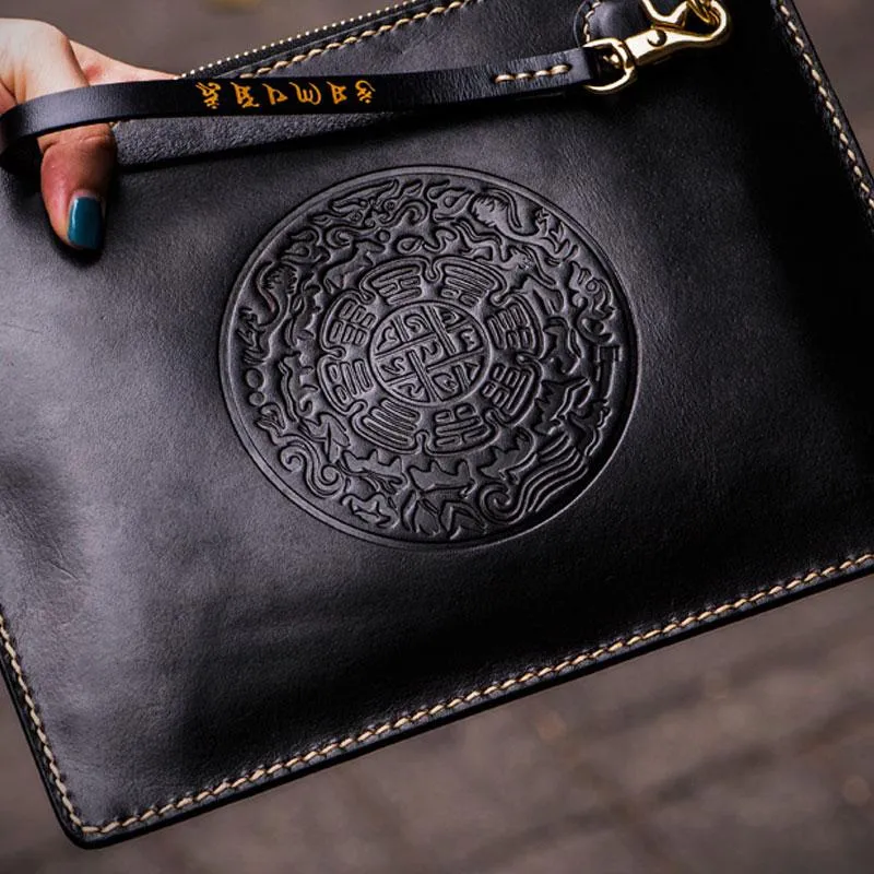 Handmade Leather Carp Tooled Wristlet Bags Mens Cool Leather Wallet Long Clutch for Men