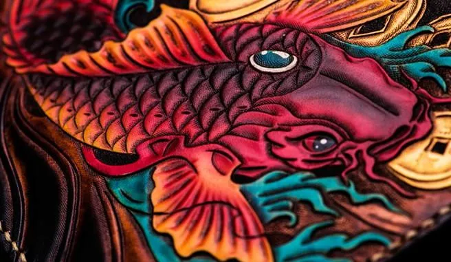 Handmade Leather Carp Tooled Wristlet Bags Mens Cool Leather Wallet Long Clutch for Men