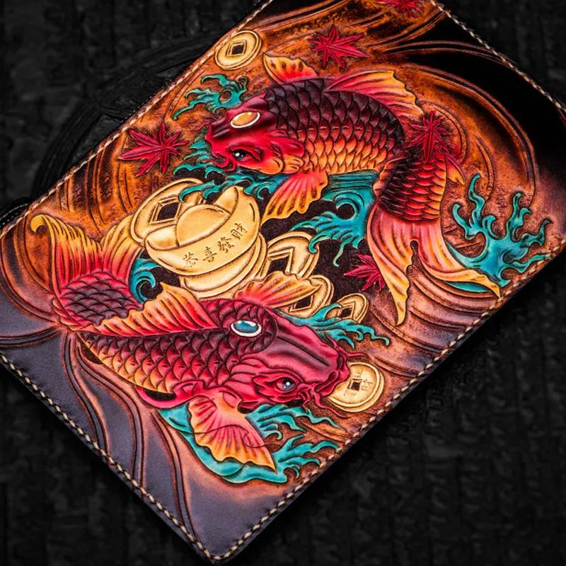 Handmade Leather Carp Tooled Wristlet Bags Mens Cool Leather Wallet Long Clutch for Men