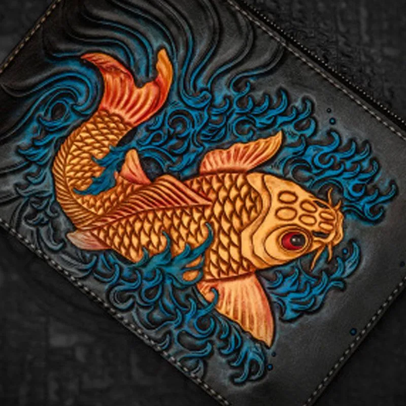 Handmade Leather Carp Tooled Wristlet Bags Mens Cool Leather Wallet Long Clutch for Men