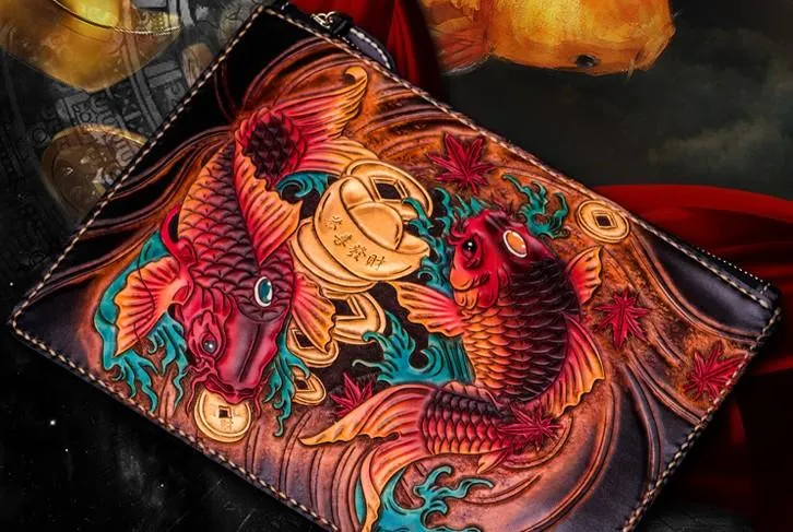 Handmade Leather Carp Tooled Wristlet Bags Mens Cool Leather Wallet Long Clutch for Men