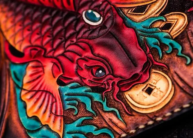 Handmade Leather Carp Tooled Wristlet Bags Mens Cool Leather Wallet Long Clutch for Men