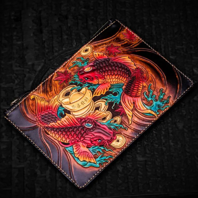 Handmade Leather Carp Tooled Wristlet Bags Mens Cool Leather Wallet Long Clutch for Men