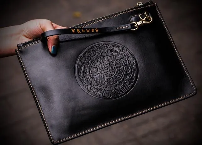 Handmade Leather Carp Tooled Wristlet Bags Mens Cool Leather Wallet Long Clutch for Men