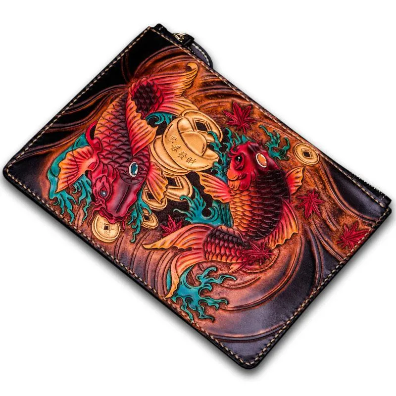 Handmade Leather Carp Tooled Wristlet Bags Mens Cool Leather Wallet Long Clutch for Men