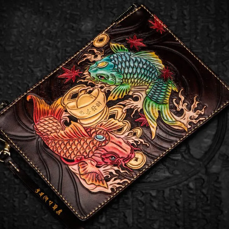Handmade Leather Carp Tooled Wristlet Bags Mens Cool Leather Wallet Long Clutch for Men
