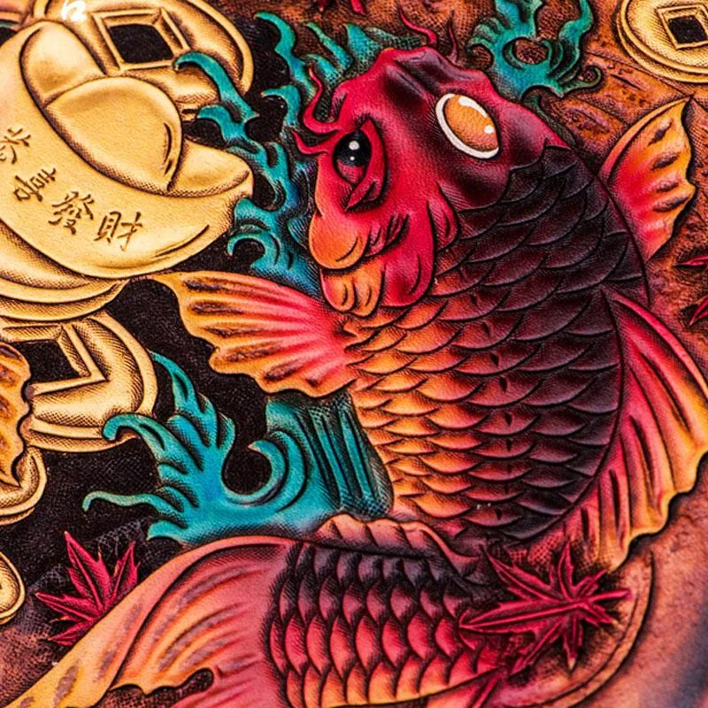 Handmade Leather Carp Tooled Wristlet Bags Mens Cool Leather Wallet Long Clutch for Men