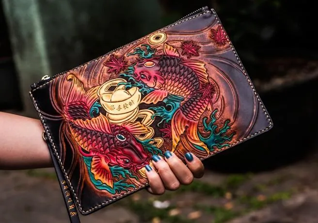 Handmade Leather Carp Tooled Wristlet Bags Mens Cool Leather Wallet Long Clutch for Men