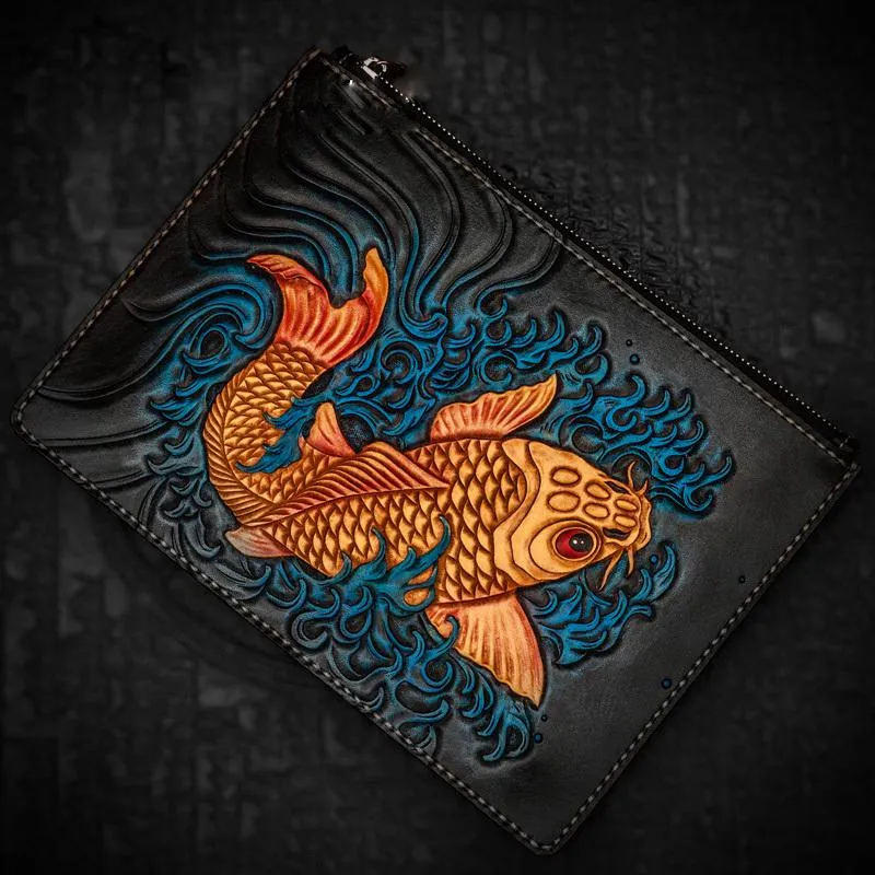 Handmade Leather Carp Tooled Wristlet Bags Mens Cool Leather Wallet Long Clutch for Men