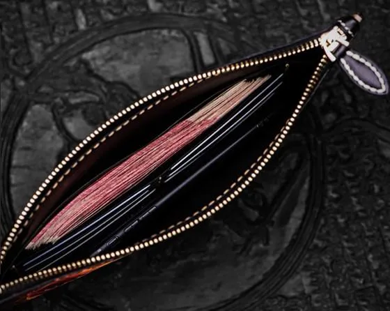 Handmade Leather Carp Tooled Wristlet Bags Mens Cool Leather Wallet Long Clutch for Men
