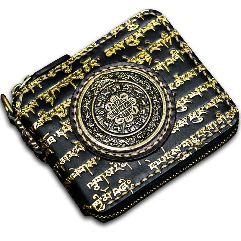 Handmade Leather Chain Wallet Tooled Tibetan Biker Wallet Mens Cool billfold Trucker Wallet with Chain