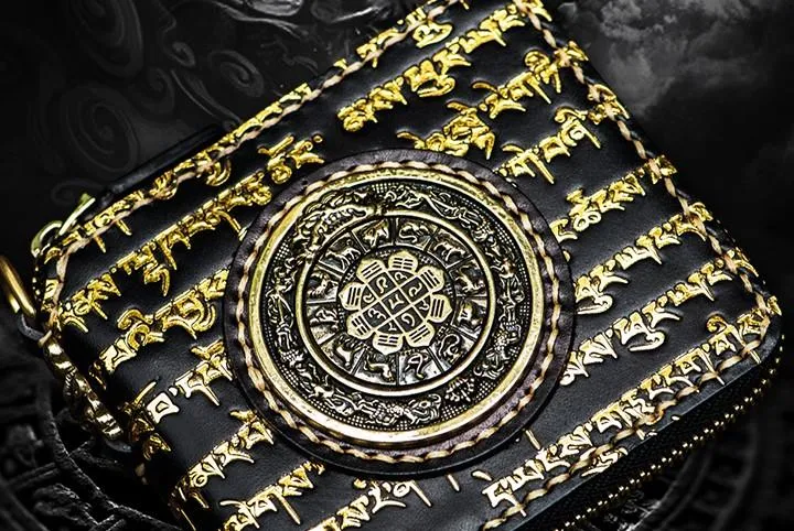Handmade Leather Chain Wallet Tooled Tibetan Biker Wallet Mens Cool billfold Trucker Wallet with Chain