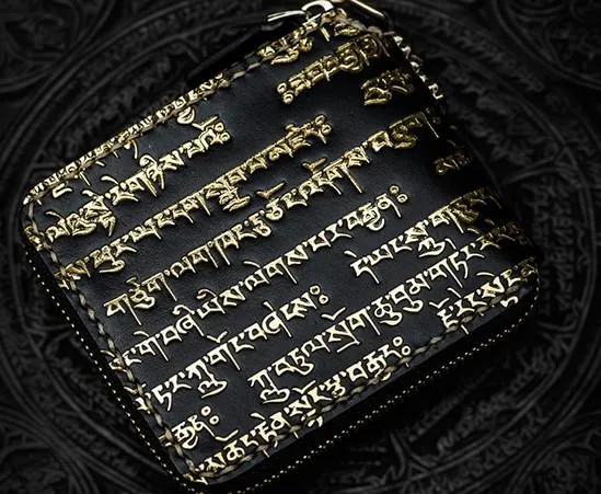 Handmade Leather Chain Wallet Tooled Tibetan Biker Wallet Mens Cool billfold Trucker Wallet with Chain