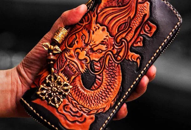 Handmade leather Chinese Dragon biker wallet clutch zip long wallet black leather men phone