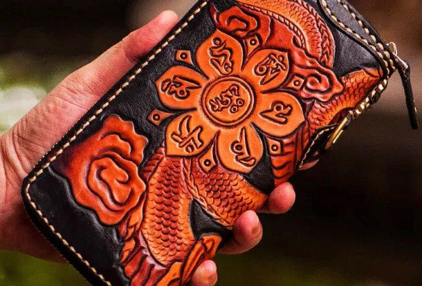 Handmade leather Chinese Dragon biker wallet clutch zip long wallet black leather men phone