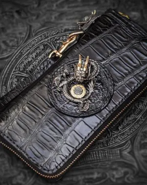 Handmade Leather Chinese Dragon Mens Chain Biker Wallet Cool Leather Wallet Long Clutch Wallets for Men