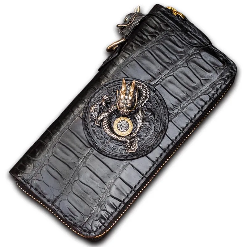 Handmade Leather Chinese Dragon Mens Chain Biker Wallet Cool Leather Wallet Long Clutch Wallets for Men