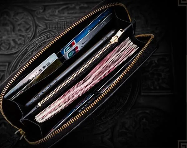 Handmade Leather Chinese Dragon Mens Chain Biker Wallet Cool Leather Wallet Long Clutch Wallets for Men