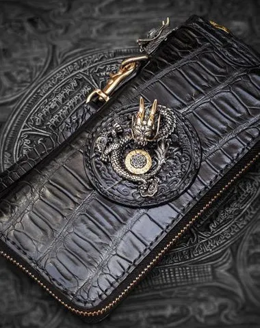 Handmade Leather Chinese Dragon Mens Chain Biker Wallet Cool Leather Wallet Long Clutch Wallets for Men