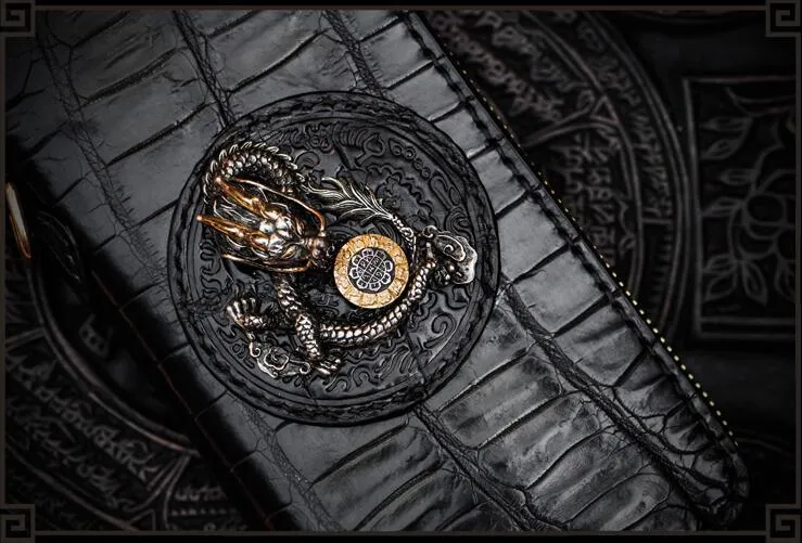 Handmade Leather Chinese Dragon Mens Chain Biker Wallet Cool Leather Wallet Long Clutch Wallets for Men
