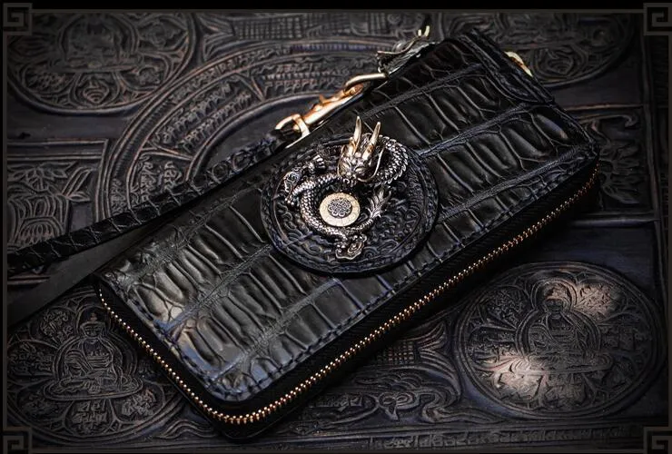 Handmade Leather Chinese Dragon Mens Chain Biker Wallet Cool Leather Wallet Long Clutch Wallets for Men