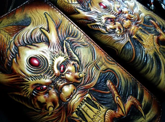 Handmade Leather Chinese Dragon Zipper Mens Long Wallet Clutch Cool Leather Wallet Long Tooled Wallets for Men