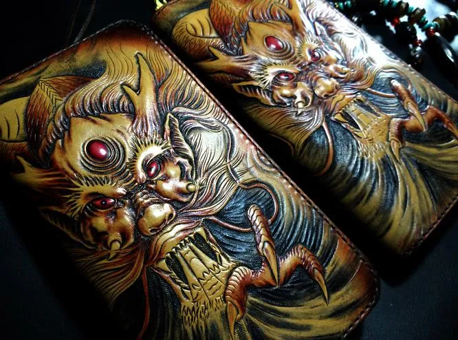 Handmade Leather Chinese Dragon Zipper Mens Long Wallet Clutch Cool Leather Wallet Long Tooled Wallets for Men