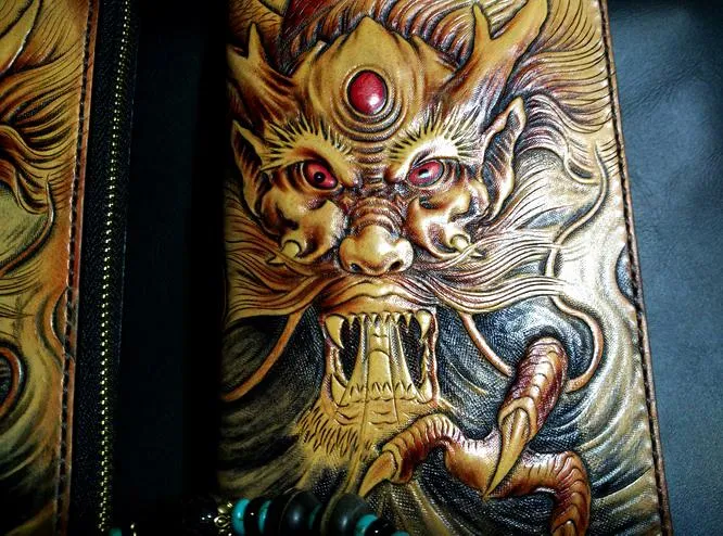 Handmade Leather Chinese Dragon Zipper Mens Long Wallet Clutch Cool Leather Wallet Long Tooled Wallets for Men