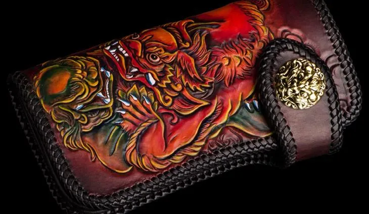 Handmade Leather Chinese Lion Mens Tooled Chain Biker Wallet Cool Long Leather Wallets With Chain Wallets for Men