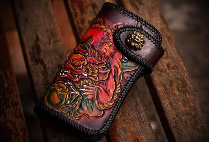 Handmade Leather Chinese Lion Mens Tooled Chain Biker Wallet Cool Long Leather Wallets With Chain Wallets for Men