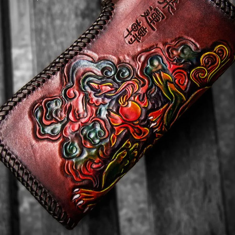 Handmade Leather Chinese Lion Mens Tooled Chain Biker Wallet Cool Long Leather Wallets With Chain Wallets for Men