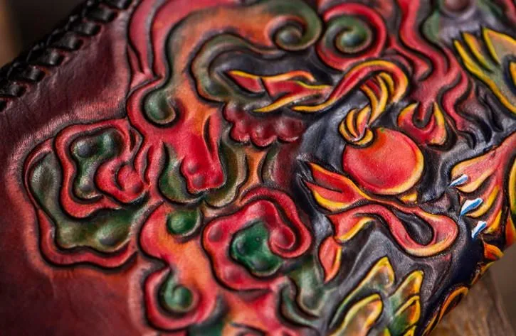 Handmade Leather Chinese Lion Mens Tooled Chain Biker Wallet Cool Long Leather Wallets With Chain Wallets for Men