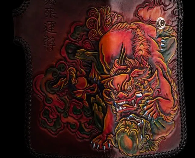 Handmade Leather Chinese Lion Mens Tooled Chain Biker Wallet Cool Long Leather Wallets With Chain Wallets for Men
