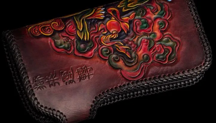 Handmade Leather Chinese Lion Mens Tooled Chain Biker Wallet Cool Long Leather Wallets With Chain Wallets for Men