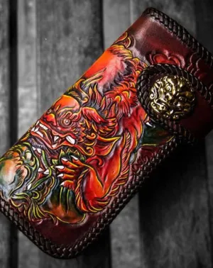 Handmade Leather Chinese Lion Mens Tooled Chain Biker Wallet Cool Long Leather Wallets With Chain Wallets for Men