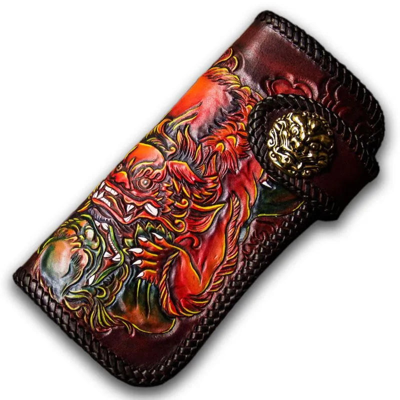 Handmade Leather Chinese Lion Mens Tooled Chain Biker Wallet Cool Long Leather Wallets With Chain Wallets for Men