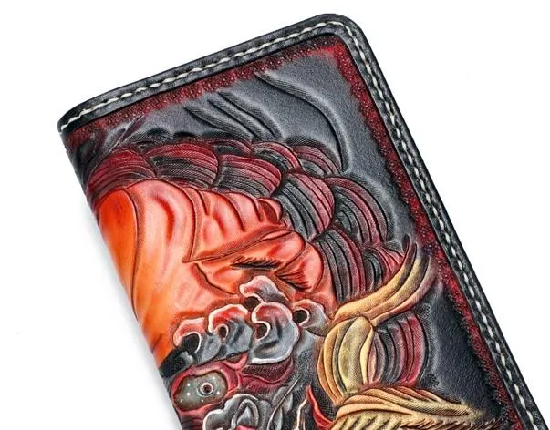 Handmade Leather Chinese Lion Mens Tooled Chain Biker Wallets Cool Long Leather Wallet With Chain Wallets for Men