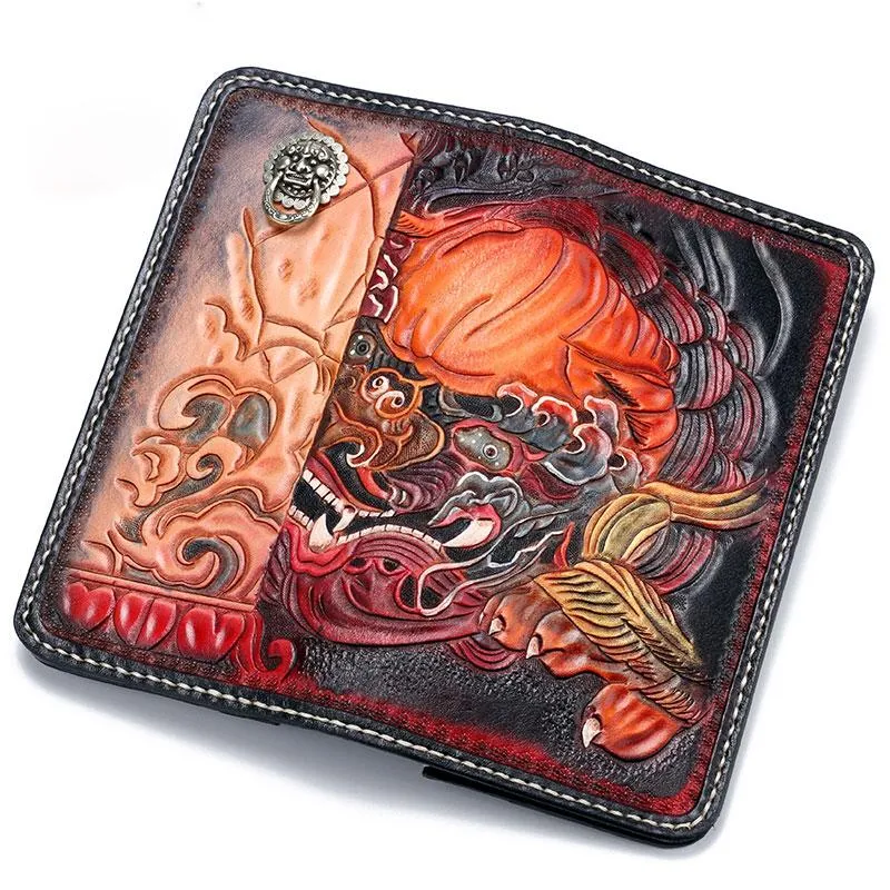 Handmade Leather Chinese Lion Mens Tooled Chain Biker Wallets Cool Long Leather Wallet With Chain Wallets for Men