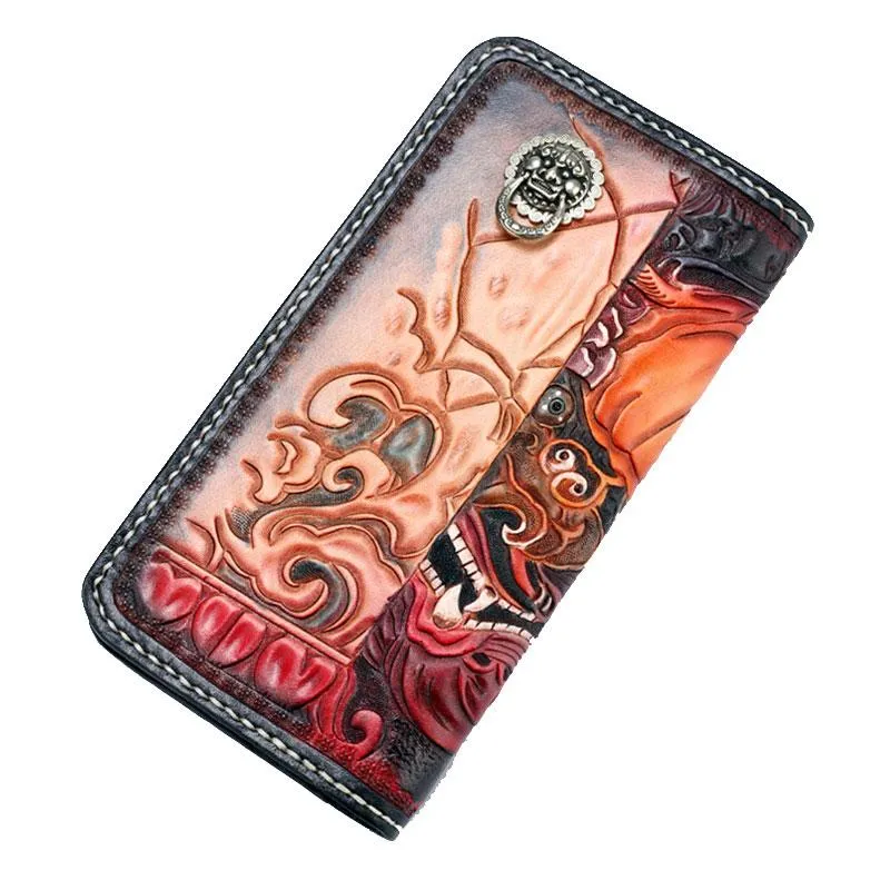 Handmade Leather Chinese Lion Mens Tooled Chain Biker Wallets Cool Long Leather Wallet With Chain Wallets for Men